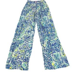 Lilly Pulitzer Pants Womens 0 Blue Green Wide Leg High Rise Rayon 26113 Boho